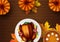 Autumn roast turkey family dinner greeting card. Harvest festival poster. Fall party invitation banner. Happy Thanksgiving day