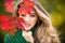 Autumn romance woman with leaves. Female model on foliage day. Dream and lifestyle. Beauty outdoor portrait. Carefree