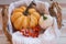 Autumn romantic evening, ripe pumpkins by candlelight.