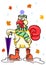 Autumn romantic funny cartoon rooster, wearing a scarf hat rubber boots and umbrella.
