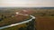 Autumn rural aerial view with agriculture fields, meadows, river