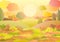 Autumn rural beautiful landscape. Fog. Meadow with glade. Cartoon style. Hills with grass and red trees. Lush meadows