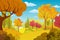 Autumn rural landscape with trees and leaves. Background with forest. Natural banner  with plants. Vector flat design. Seasonal te