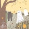 Autumn rustic landscape with drying laundry. Halloween background with cute ghost sheet drying on the rope. Funny autumn