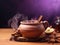 Autumn\'s Ambrosia: Warm Apple Cider in a Hand-Crafted Clay Pot Amidst Dried Apple Slices on a Soft Violet Canvas