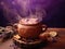 Autumn\'s Ambrosia: Warm Apple Cider in a Hand-Crafted Clay Pot Amidst Dried Apple Slices on a Soft Violet Canvas
