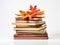 Autumn\'s Chapters: Stack of Worn-Out Books Marked with Vibrant Fall Leaves on a Pure White Canvas