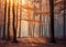 Autumn\\\'s Radiant Embrace: Forest Enveloped in Fog and Sunbeams