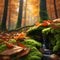 Autumn\\\'s touch adorns the forest with vibrant leaves and patches of lively green moss.