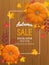 Autumn sale background. Vertical banner flyer with pumpkin, leaves on a wooden table Special seasonal offer.