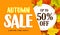 Autumn sale banner design with discount label in colorful autumn leaves