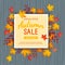 Autumn sale banner. Special seasonal discount offer. leaves at rectangular frame on a wooden table.