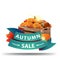 Autumn sale, discount web banner in the form of ribbons for your business with wooden crates of ripe pumpkins and autumn leaves