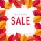 Autumn sale flyer template. Bright colorful fall leaves. Poster, card, label, web banner. Seasonal Thanksgiving design