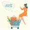 Autumn sale with a girl sitting in a shopping cart and pointing out discounts, gifts and purchases. Product promotion