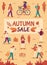 Autumn sale. People with umbrellas and shopping bags in city, fall season special offers, promotion price discount flyer