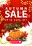 Autumn sale, up to 50% off, white and red vertical discount banner with frame of garland, maple leafs, abstract ragged corners