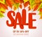 Autumn sale vector design with red sale text hanging in colorful maple leaves