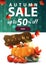 Autumn sale, vertical discount web banner for your site with polygonal texture, harvest of vegetables and a wooden sign