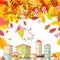 Autumn Scene with Falling Leaves and Abstract City and Kite on Sky.