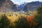 Autumn scene in Karimabad with mountains in the background.