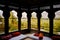 Autumn scene through windows of Khaplu palace, Pakistan.