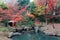 Autumn scene of a wooden gazebo under colorful maple trees by an emerald pond in a peaceful zen-like atmosphere in Rikugi-en Park