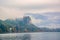 Autumn scenery of Bled lake at foggy autumn morning