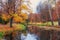 Autumn scenery with colored trees reflected in the river, Arboretum Oleksandriya, Bila Tserkva, Ukraine