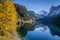 Autumn scenery with Dachstein mountain at Gosausee, Salzkammergut, Austria