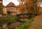 Autumn scenery of Regnitz river in Bamberg, Germany. UNESCO World Heritage Site.