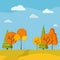 Autumn scenic field landscape background with yellow and orange trees, spruces, fields, river, clouds, birds crane wedge