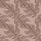 Autumn seamless doodle pattern with brown contoured monstera outline shapes. Pale pink background