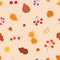 Autumn seamless hand drawn pattern with tree leaves, berries.Endless background with simple botanical shapes-acorns, currants,