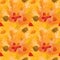 Autumn seamless pattern with colorful leaves in flat style and watercolor background