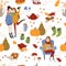 Autumn seamless pattern with cute girls and forest animals