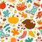 Autumn seamless pattern. Drawing pumpkin, nuts, plants. Abstract harvest time, thanksgiving day print paper or textile