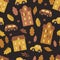 Autumn seamless pattern in flat style with cottages, buses, cars, and autumn foliage