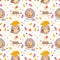 Autumn seamless pattern with leaves, mushrooms, cute hedgehogs.