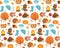 Autumn seamless pattern with leaves, trees, mushrooms, pumpkin, wild animals, umbrella and boots. Endless background