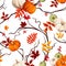 Autumn seamless pattern with pumpkins, autumn leaves, and willow branches. Vector illustration.