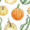 Autumn seamless pattern with pumpkins and gourd, isolated on white background. Fall botanical print. Thanksgiving design