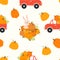 Autumn seamless pattern with rabbit. Cute bunny with big pumpkin harvest and pumpkin retro truck on white background