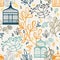 Autumn seamless pattern with vintage birdcages. Elements design of leaf