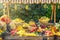 Autumn season agricultural market fair display. Vivid fruits and vegetables on wooden old cart for autumn decoration - Image