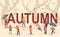 Autumn season background with happy people, flat vector illustration