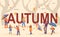 Autumn season background with happy people, flat vector illustration.