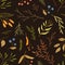Autumn season botany flat vector seamless pattern. Dried leaves and branches texture. Blueberries twigs on black