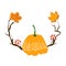 Autumn season frame with pumpkin, maple leaves and red berries, dry branch. Fall decoration element for cards and