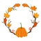 Autumn season frame with pumpkin, maple leaves and red berries, dry branch. Fall decoration element for cards and
